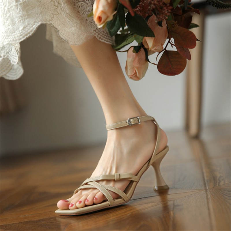 High-heeled Sandals Women's Square Toe Stiletto Bow With A Word Belt