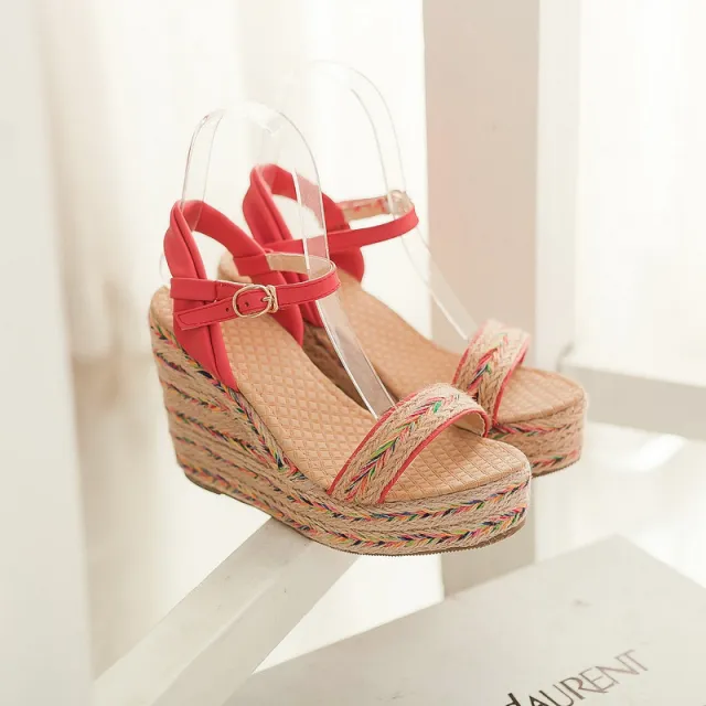 Straw Wedge Sandals, Women's Bohemian Size Sandals, Ethnic Style Women's Shoes Pink - Shop at LoveMi