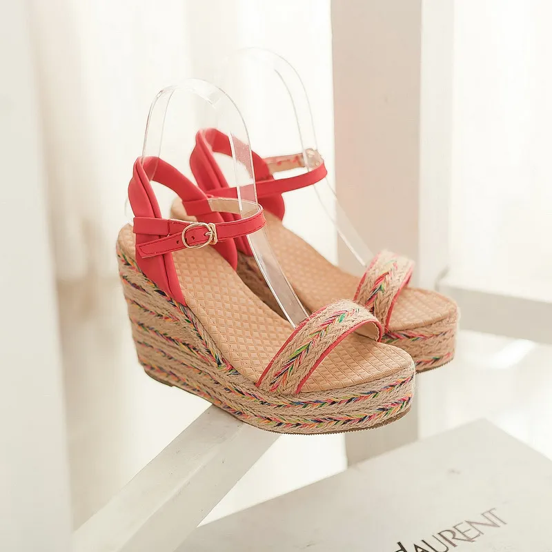 Straw Wedge Sandals, Women's Bohemian Size Sandals, Ethnic Style Women's Shoes - Pink