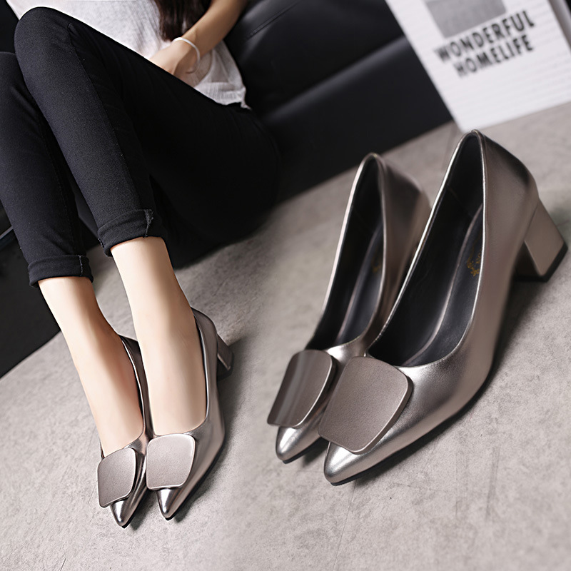 Pointed Shallow Mouth Women's Single Shoes Mid-heel Fashion Thick-heeled High Heels