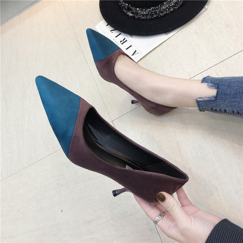 Stitching High Heels Pointed Toe Stiletto Women's Single Shoes Suede Over-feet Low-top Shoes