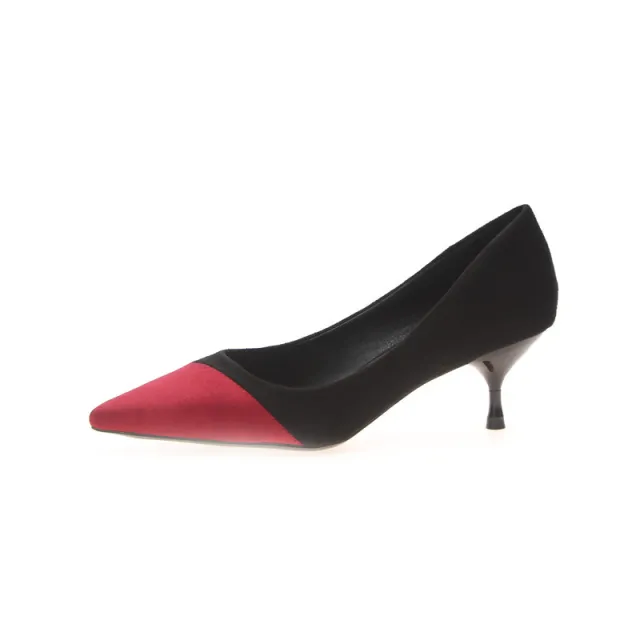 Stitching High Heels Pointed Toe Stiletto Women's Single Shoes Suede Over feet Low top Shoes Red - Shop at LoveMi