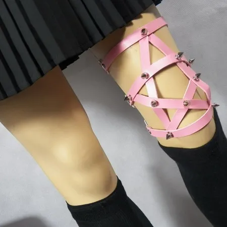 InsGoth Leather Garters Leg Ring Female Sexy Pentagram Bandage Pink - Shop at LoveMi