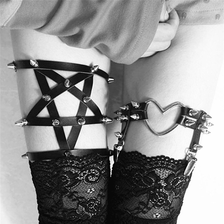 InsGoth Leather Garters Leg Ring Female Sexy Pentagram Bandage