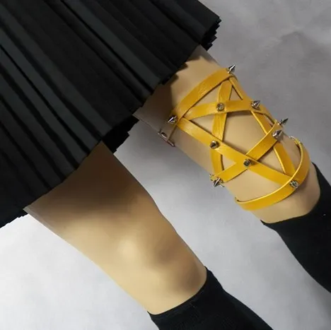 InsGoth Leather Garters Leg Ring Female Sexy Pentagram Bandage Yellow - Shop at LoveMi