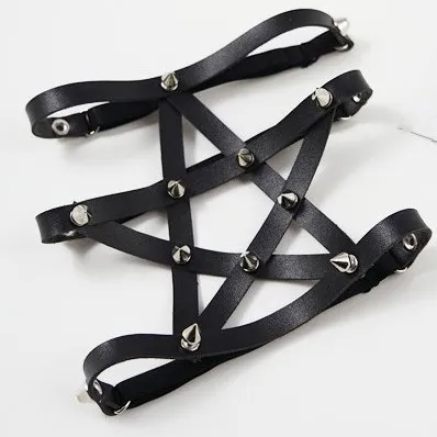 InsGoth Leather Garters Leg Ring Female Sexy Pentagram Bandage Black - Shop at LoveMi