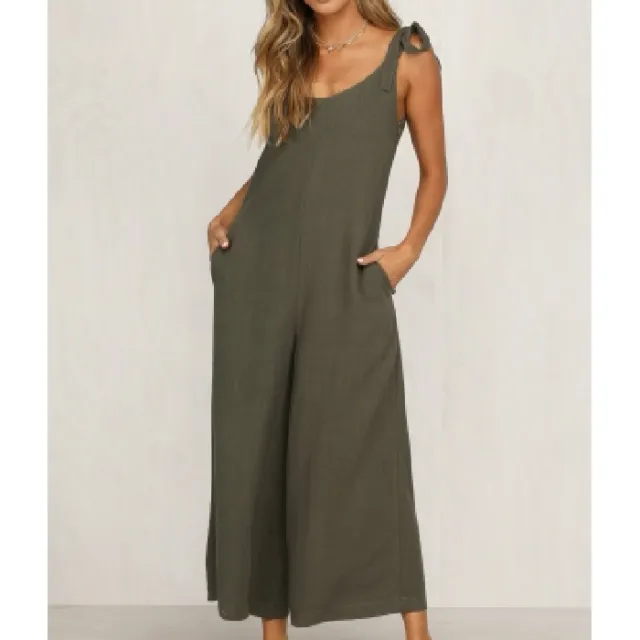 Summer Women's Clothing Tied Wide Loose Straight Leg Solid Color One Piece Bib Women Army Green - Shop at LoveMi