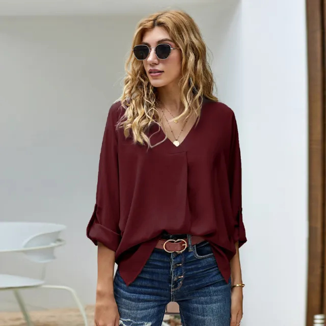 Fashion Solid Color V neck Long sleeved Casual Loose Shirt Wine - Shop at LoveMi