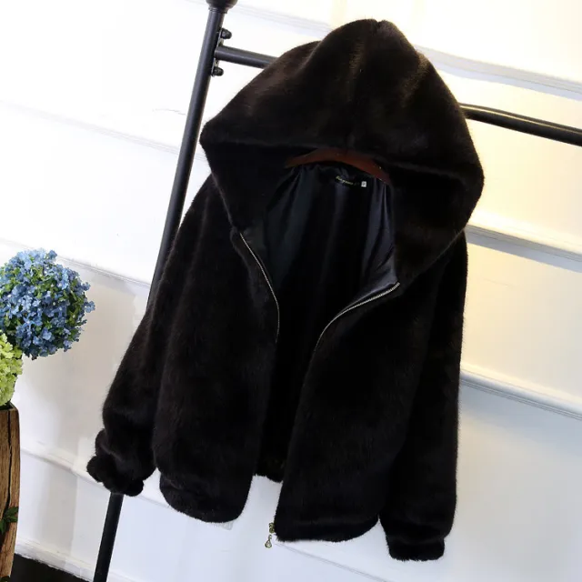 Autumn and winter new Korean version of the rabbit fur grass short female imitation mink loose plush hooded thick coat Black - Shop at LoveMi