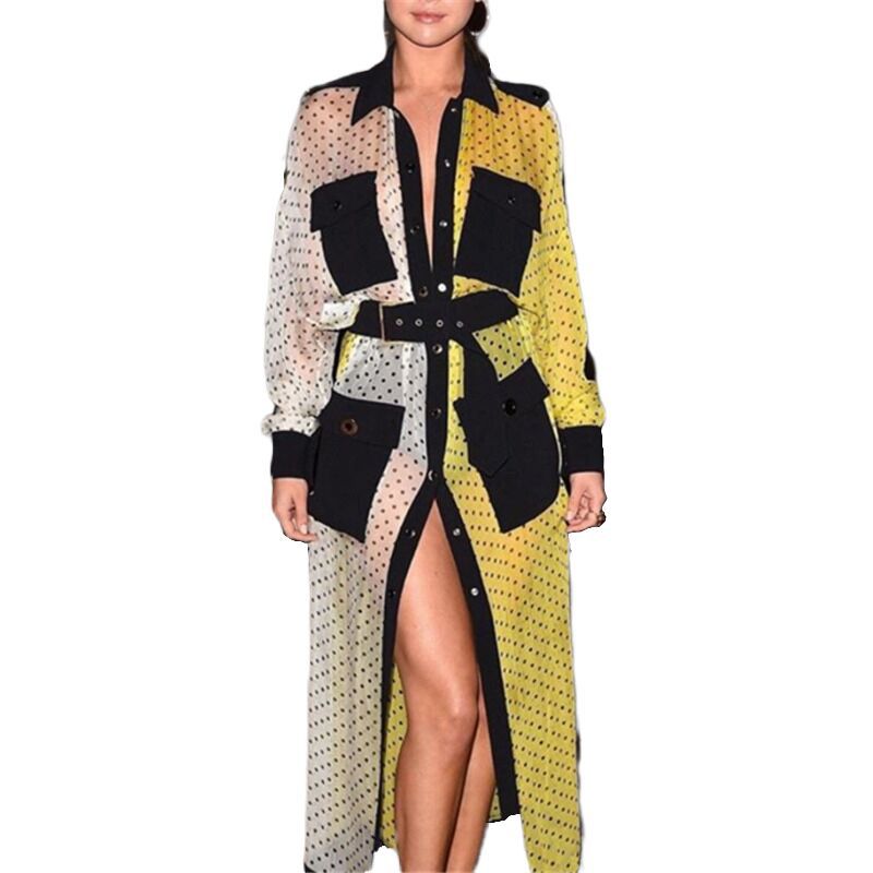 Chiffon Contrast Color Polka Dot Button Long Sleeve Cardigan Jacket