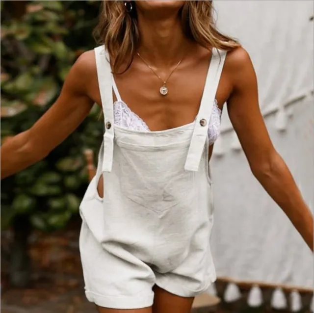 Ladies Pocket Button Casual Suspender Shorts Jumpsuit Beige - Shop at LoveMi