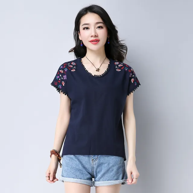 Flat Fitting Cotton And Linen Embroidered Short Sleeved T Shirt Navy - Shop at LoveMi