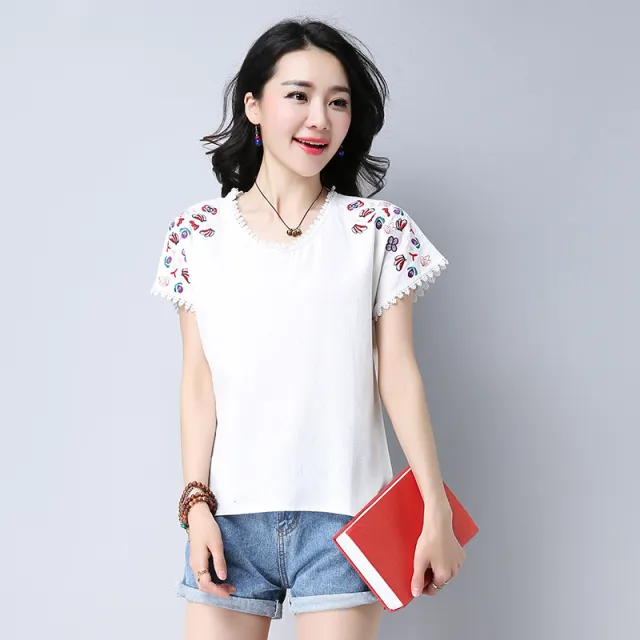 Flat Fitting Cotton And Linen Embroidered Short Sleeved T Shirt Red - Shop at LoveMi