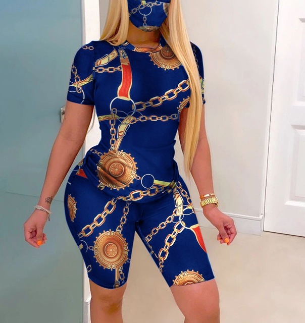 Fitness O neck Sports Suit Female Short Sleeve Two piece Suit Blue - Shop at LoveMi