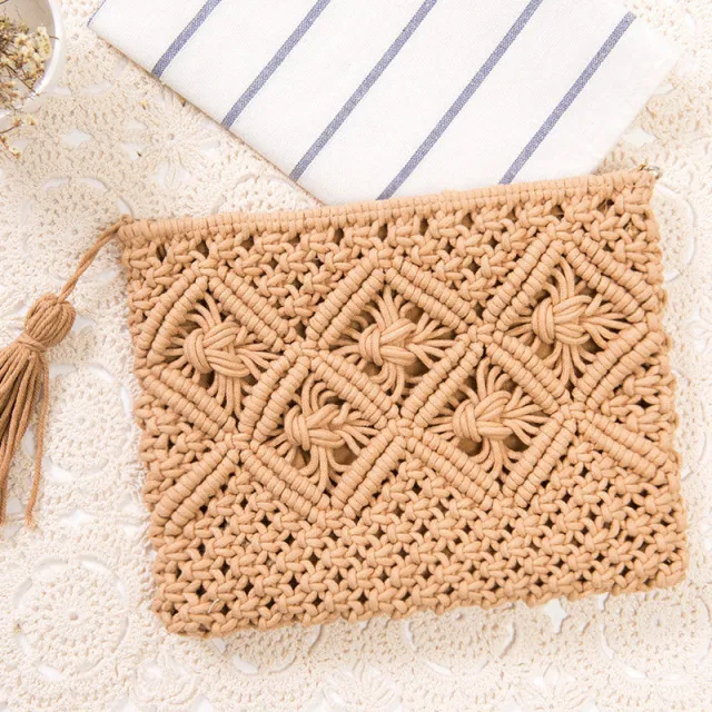 Simple Tassel Hand Holding Straw Woven Retro Hand Woven Bag Camel - Shop at LoveMi