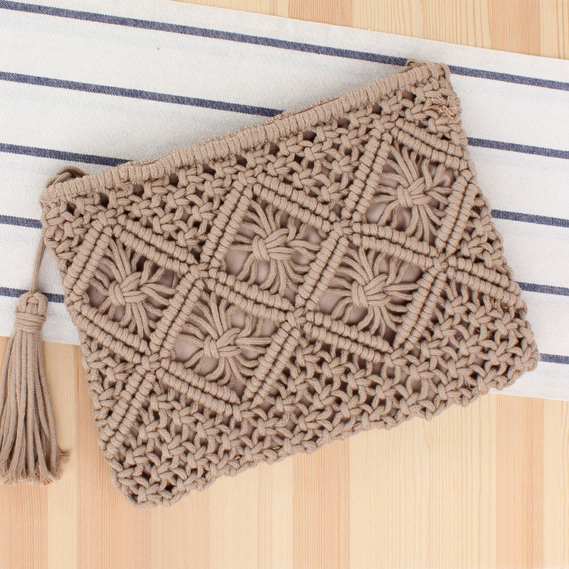 Simple Tassel Hand Holding Straw Woven Retro Hand Woven Bag Grey - Shop at LoveMi