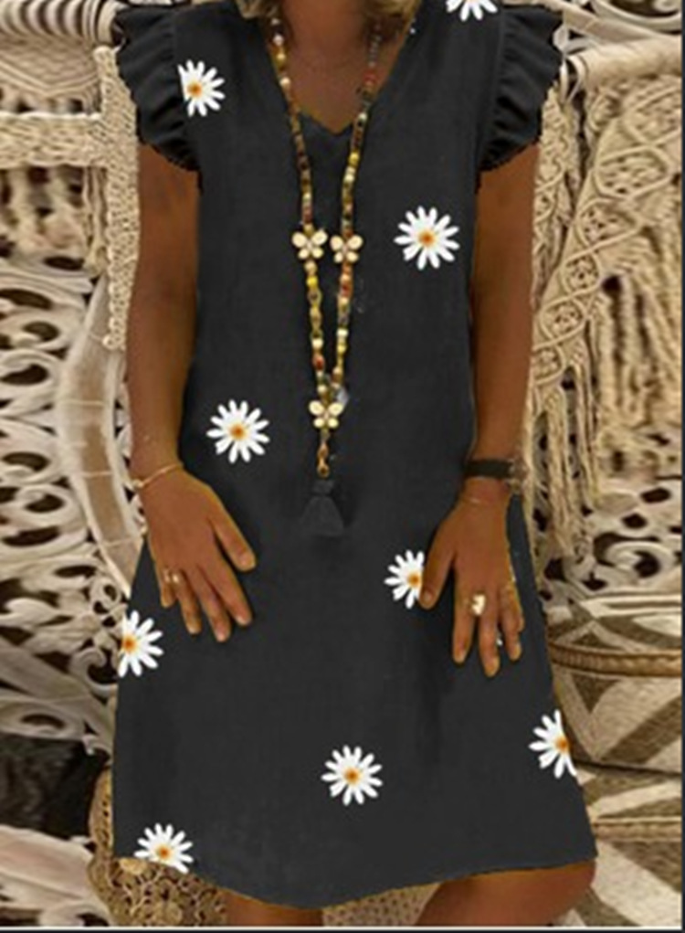 Digital Print Chrysanthemum Mid-Length Dress With Lotus Leaf Sleeves