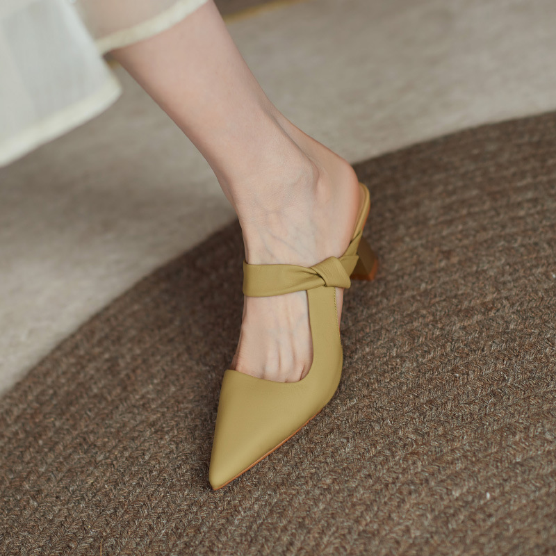 Full Leather High Heel Slippers Women Soft And Comfortable Sheepskin Pointed Toe Women's Shoes