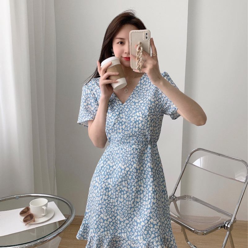 The New V-neck Floral Skirt Waist Tea Break Skirt