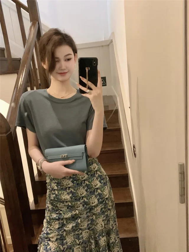 Pure Color Slimming Short sleeved T shirt Women Ink Blue - Shop at LoveMi