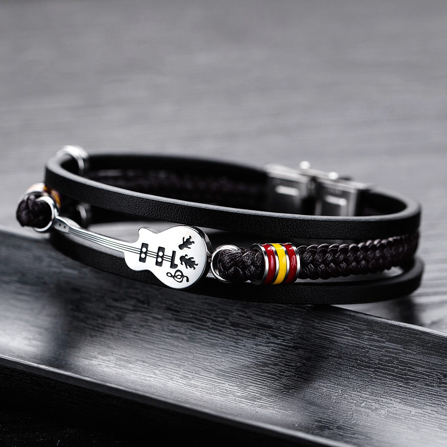 Men's Guitar Bracelet, Multi-Layer Braided Bracelet Leather Cord