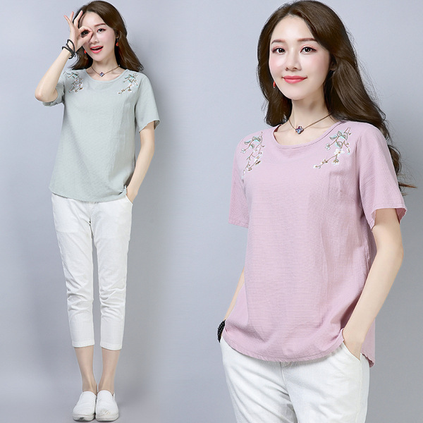 Women's Top Middle-aged Mother Linen Plus Size Loose Embroidery All-match Top