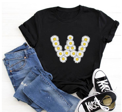 Title 3, English Alphabet Daisy Flower T Shirt Women Pri...