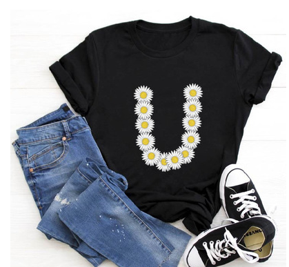 Title 4, English Alphabet Daisy Flower T Shirt Women Pri...