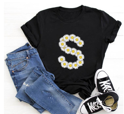 Title 7, English Alphabet Daisy Flower T Shirt Women Pri...