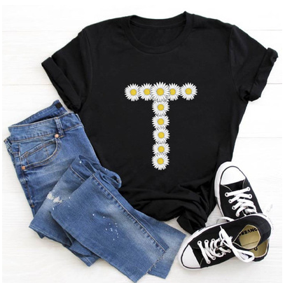 Title 6, English Alphabet Daisy Flower T Shirt Women Pri...