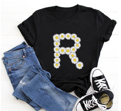 Title 9, English Alphabet Daisy Flower T Shirt Women Pri...