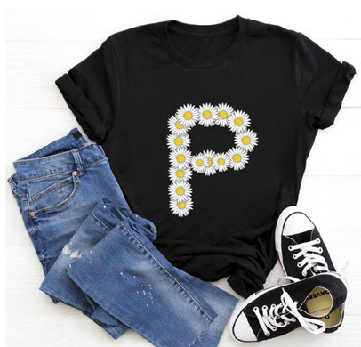 Title 10, English Alphabet Daisy Flower T Shirt Women Pri...