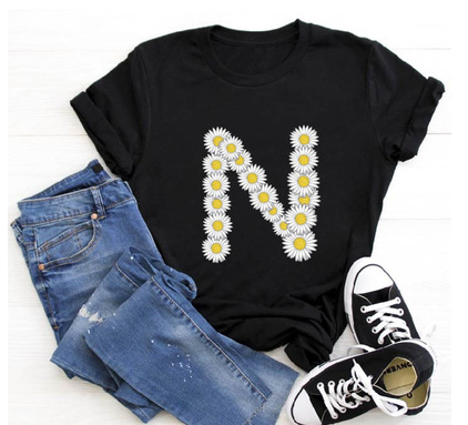 Title 11, English Alphabet Daisy Flower T Shirt Women Pri...