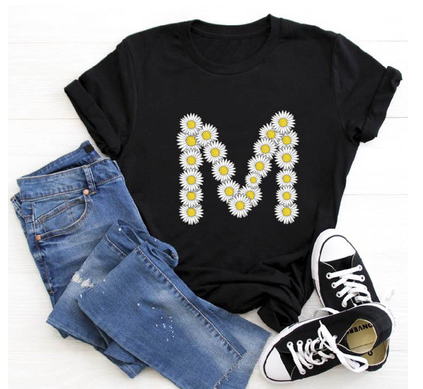 Title 14, English Alphabet Daisy Flower T Shirt Women Pri...