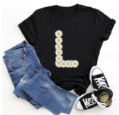 Title 15, English Alphabet Daisy Flower T Shirt Women Pri...