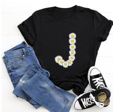 Title 13, English Alphabet Daisy Flower T Shirt Women Pri...