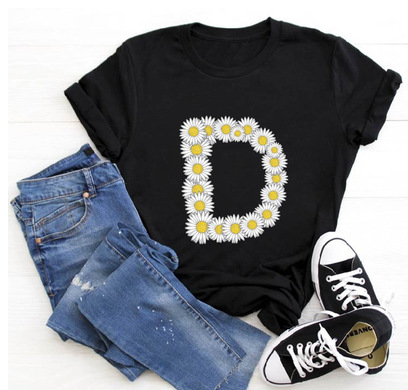 Title 21, English Alphabet Daisy Flower T Shirt Women Pri...