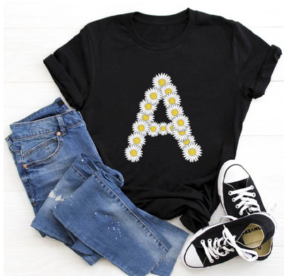 Title 22, English Alphabet Daisy Flower T Shirt Women Pri...