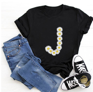 English Alphabet Daisy Flower T Shirt Women Print Harajuku