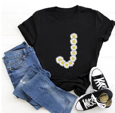 English Alphabet Daisy Flower T Shirt Women Print Harajuku Blackj - Shop at LoveMi