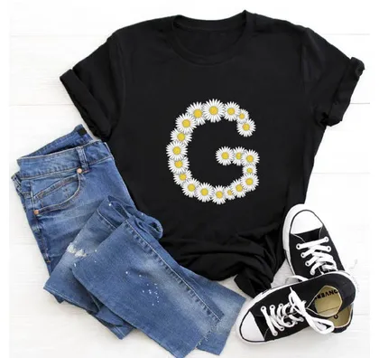 English Alphabet Daisy Flower T Shirt Women Print Harajuku Blackg - Shop at LoveMi