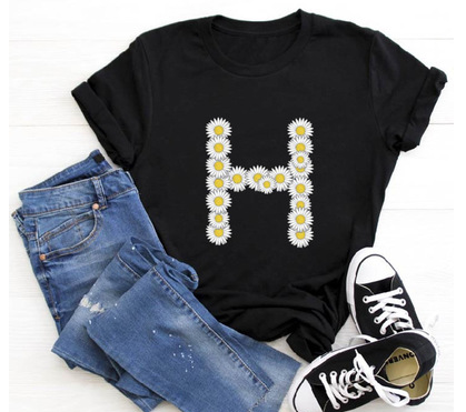 English Alphabet Daisy Flower T Shirt Women Print Harajuku Blackh - Shop at LoveMi