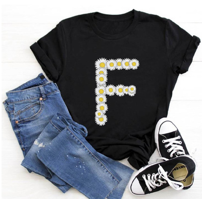 English Alphabet Daisy Flower T Shirt Women Print Harajuku Blackf - Shop at LoveMi