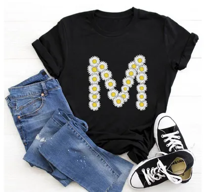 English Alphabet Daisy Flower T Shirt Women Print Harajuku Blackm - Shop at LoveMi