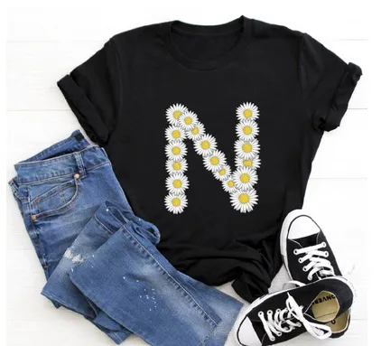 English Alphabet Daisy Flower T Shirt Women Print Harajuku Blackn - Shop at LoveMi