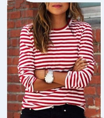 Red And White Horizontal Stripes Round Neck Long Sleeve Bottoming Shirt T-Shirt