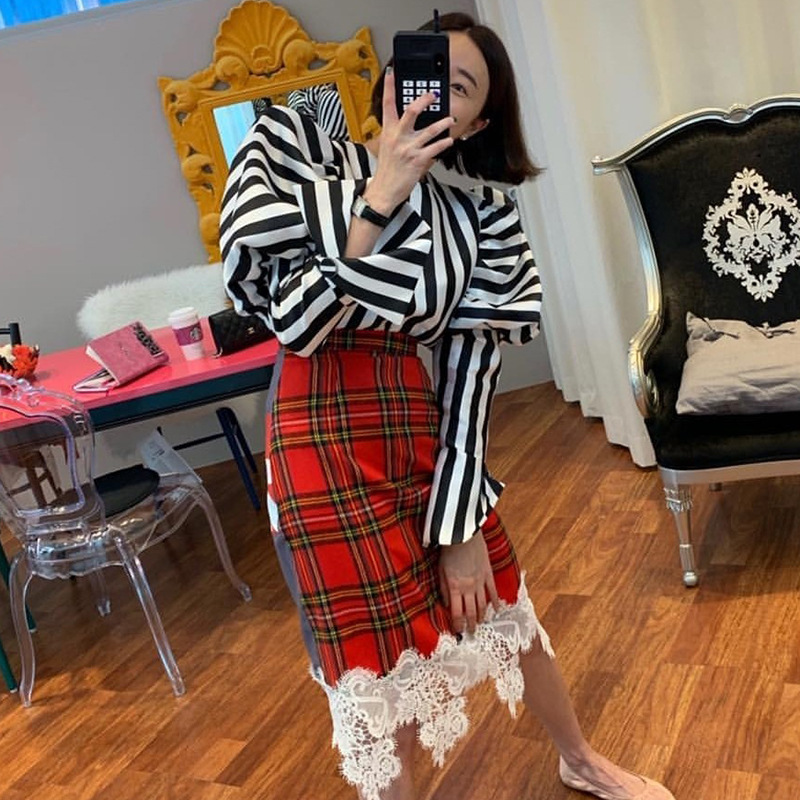 Black And White Striped Loose Design Split Puff Sleeve Shirt