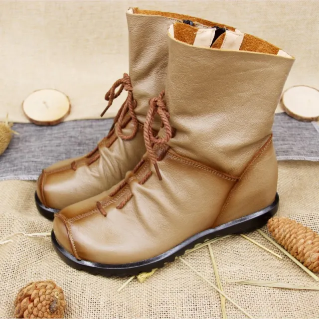 National Style Top Layer Cowhide Short Boots Women's Camel - Shop at LoveMi
