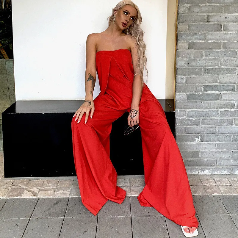 High-rise Loose Wide-leg Pants And High-waisted Trousers Jumpsuit - Red