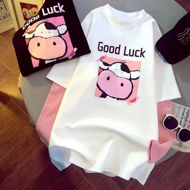 Top Plus Size Printing Round Neck Half Sleeve White Cow - Shop at LoveMi